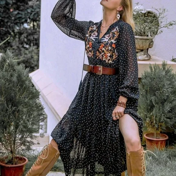 Boho gypsy floral embroidered dot black maxi dress sheer long sleeve - Picture 1 of 10